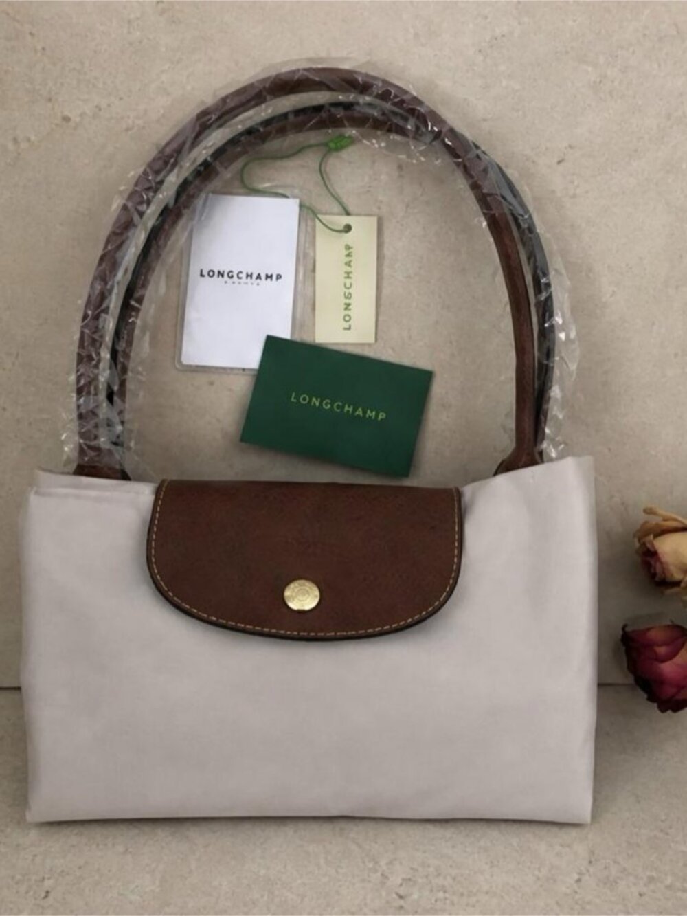 Longchamp Light Gray Tote with Brown Leather Trim - Picture 5 of 9